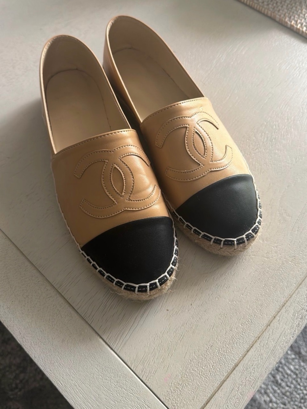 CHANEL Beige Leather Espadrille Flats with Black Cap Toe